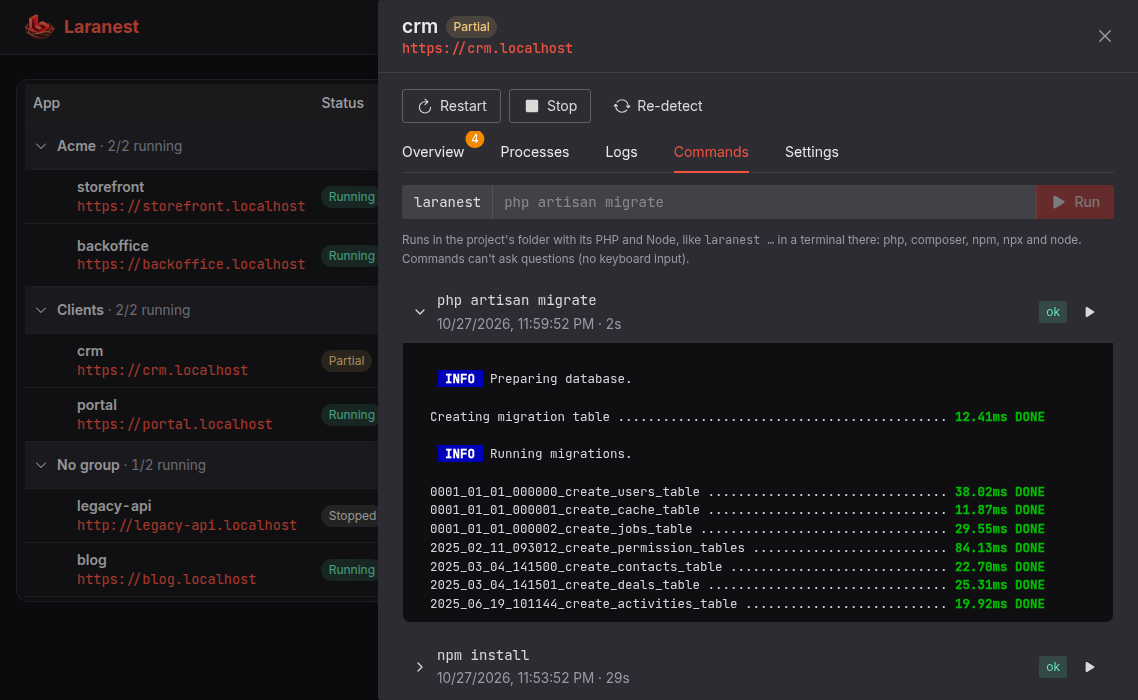 The Commands tab showing the output of php artisan migrate