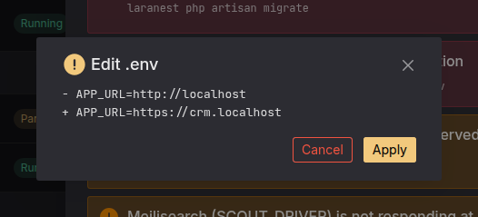 A dialog showing the .env change that will be applied: APP_URL from http://localhost to https://crm.localhost