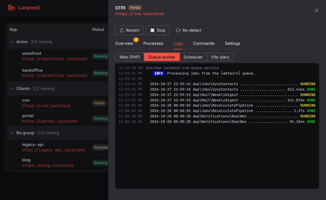 Live logs of a queue worker processing jobs
