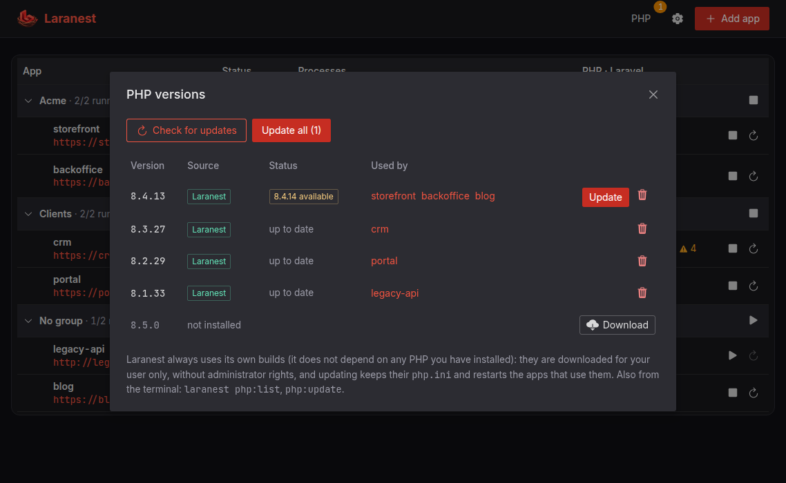 The PHP versions dialog with an available update